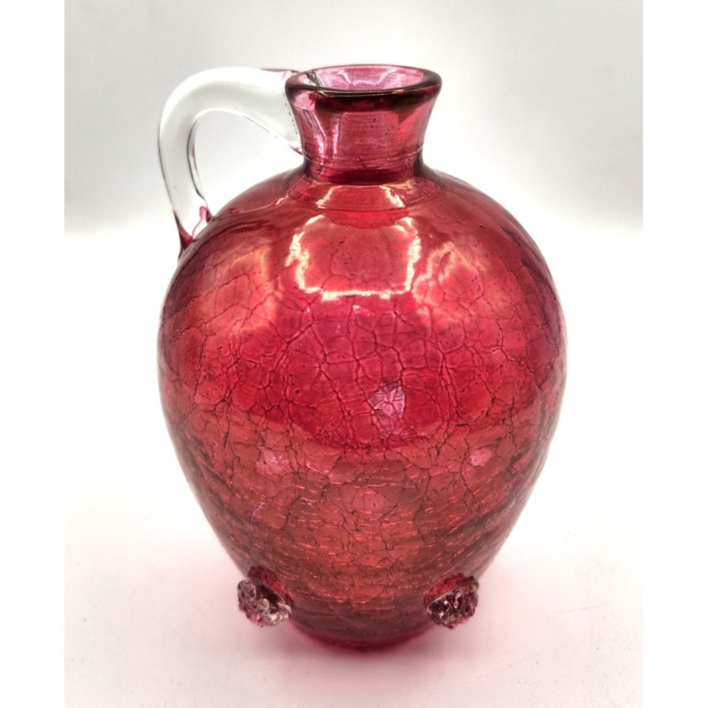 MCM Blenko Glass Rainbow Pitcher Cranberry Crackle C417 Applied Accents Vintage